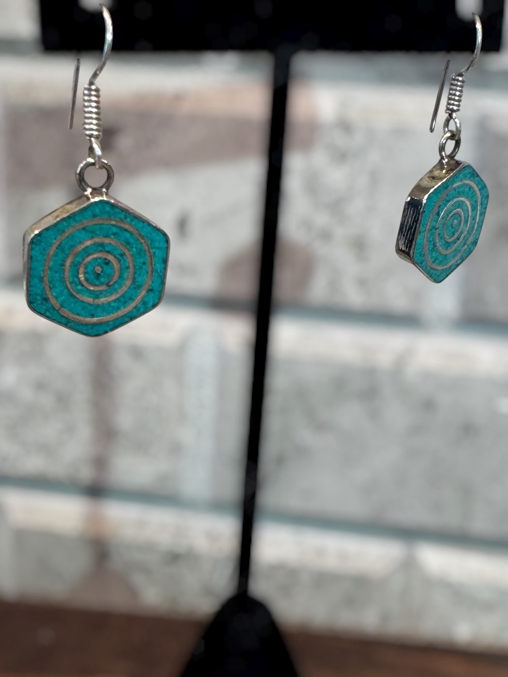 Nepalese Turquoise and Silver Hexagon Dangle Earrings - - Picture 7 of 8